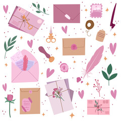 Romantic velentines day letter collection. Vector hand drawn illustration.