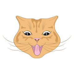 Cute happy cat cartoon. Cheerful Red-headed cat, emotion. Red Cat smile. Characters, Funny cat's face, head, gray muzzle. Animals, design for children, portrait.