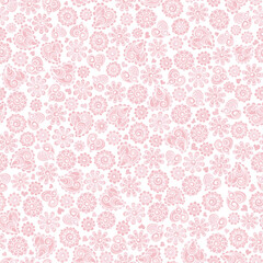Bright summer pattern with flowers and hearts pink color. Seamless background. Vector illustration. - 404132595