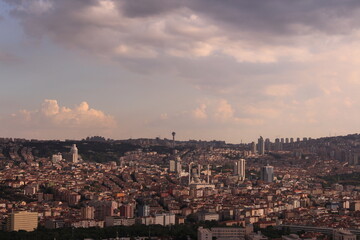 Fototapeta na wymiar Panoramic view of unplanned urbanization and orange brick roof of buildings from Ankara the capital of Turkey