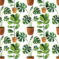 Watercolor illustration, lovely houseplants, postcard for you, seamless pattern, light  background, handmade
