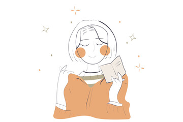Hand drawn portrait of a cute smiling girl with blush on cheeks holding a little book