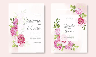 Elegant wedding invitation card with beautiful floral and leaveas Premium Vector