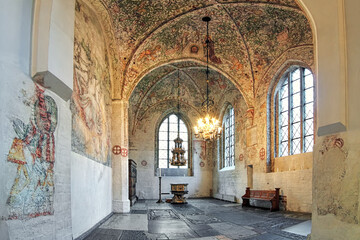Interior of Tradesmen's Chapel (Kraemarekapellet) at St. Peter's Church in Malmo, Sweden. The chapel was constructed after 1442 and contains a great wealth of frescoes from the late Middle Ages.