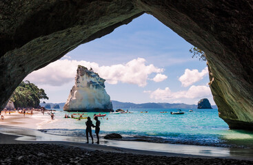 Cathedral Cove, beautiful beach with rocks in New Zealand