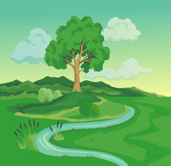 Before climate change desertification illustration. Global environmental problems. Hand drawn nature landscape with tree and green grass. Global warming concept