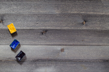 Acrylic paints on the table. Photo of art materials