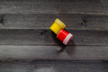 Acrylic paints on the table. Photo of art materials