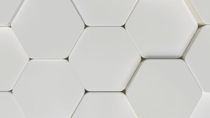White  hexagons background  made of plastic material, positioned in a grid and displaced. 3d render illustration.