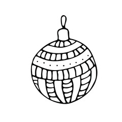 Hand drawn vector illustration with Christmas ball (striped) in doodle style outline drawing isolated on white background. Vector EPS10