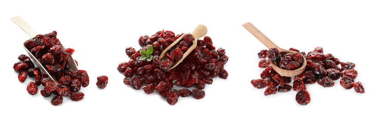 Collage with dried cranberries on white background, banner design