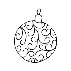 Hand drawn vector illustration with Christmas ball (with branches and plants) in doodle style outline drawing isolated on white background. Vector EPS10