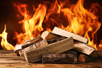 Dry wood and burning fire on background. Cozy atmosphere