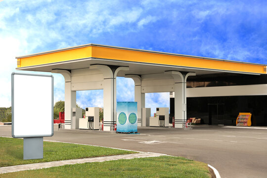 Empty Billboard On Modern Gas Station Outdoors, Space For Design