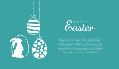 Happy Easter. Easter card with hanging garland with easter eggs and rabbit. Vector illustration.