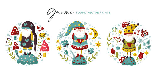 Vector cute colorful illustration of garden gnome with heart and flower. Cartoon elf kid illustration for print. Valentines and Christmas design. round circle print set.