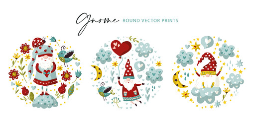 Fototapeta na wymiar Vector cute colorful illustration of garden gnome with heart and flower. Cartoon elf kid illustration for print. Valentines and Christmas design. round circle print set.