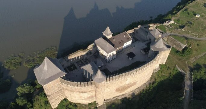 Aerial drone video of medieval Khotyn fortress on a Dniestr river, Chernivtsi region, Ukraine.