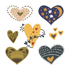 Cartoon Scandinavian Vector Heart Collection. Hand drawn valentines, day symbol set with flower shape. Cute kid atrwork.