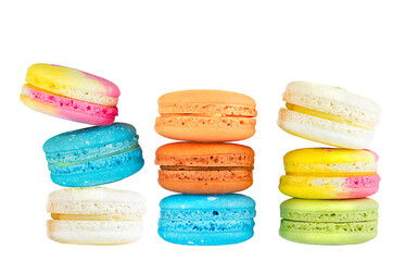 Multicolored macarons isolated on white background.