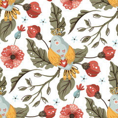 Bird and flower detailed kid seamless vector pattern. Floral ornate folk art cartoon wallpaper ornament. Birds on a branch.