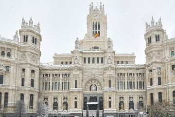 Fototapeta na wymiar Madrid city council snow-covered in winter