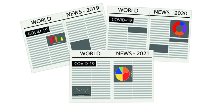 Newspaper-world news. Vector image of newspapers with news about coronavirus in 2019, 2020, 2021. Lingering News - Articles about the pandemic.