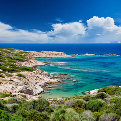 Fototapeta premium Beautiful beach and rocky coastline landscape in Greece