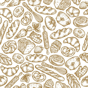 Hand drawn seamless pattern of bread and bakery products. Baked goods background. Vector illustration.