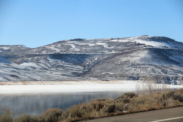 Fototapeta na wymiar Frozen water in Curecanti National Recreation Area in Colorado.