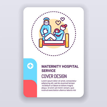 Maternity hospital service brochure template. Birth child cover design. Print design with linear illustration cartoon character on a white background.