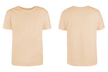 Men's beige blank T-shirt template,from two sides, natural shape on invisible mannequin, for your design mockup for print, isolated on white background..