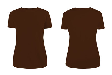 Women's brown dark chocolate  blank T-shirt template,from two sides, natural shape on invisible mannequin, for your design mockup for print, isolated on white background...