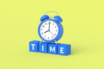Alarm clock near inscription time on cubes on yellow background. Wake-up and good morning concept. Punctuality. Countdown and deadline. Daily regime. Business planning. 3d rendering
