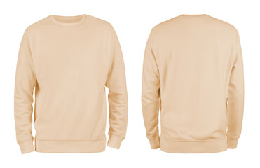Men's beige blank sweatshirt template,from two sides, natural shape on invisible mannequin, for your design mockup for print, isolated on white background..
