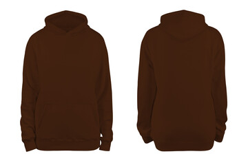woman's brown dark chocolate blank hoodie template,from two sides, natural shape on invisible mannequin, for your design mockup for print, isolated on white background.