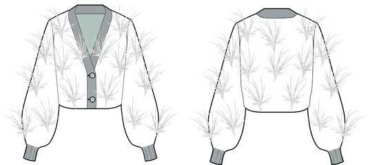 Feather-Embellished Wool Cropped Cardigan. Fashion vector sketch