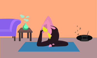 Young woman doing yoga exercises, practicing meditation and stretching on the mat. Female character practicing yoga at home. Trendy flat vector illustration.