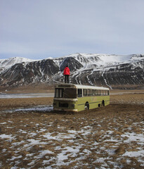 Panorama landscape of abandoned forgotten remote rural idyllic isolated magic bus schoolbus in...