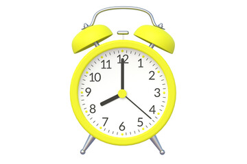 Yellow vintage analog alarm clock isolated on white background. 3d rendering