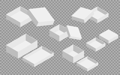 Set of cardboard boxes in white color. Realistic paper gift box. Vector illustration.