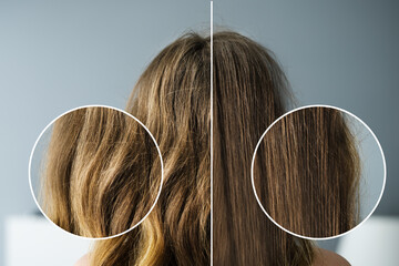 Woman's Hair Before And After Hair Straightening