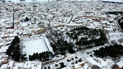 Aerial view of a city after the passage of a snowstorm.