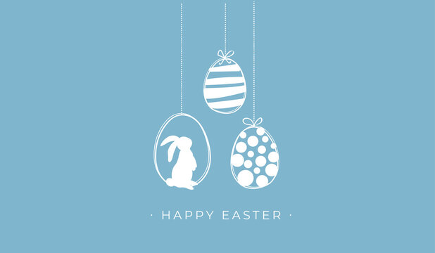 Happy Easter. Easter card with hanging garland with easter eggs and rabbit. Vector illustration.