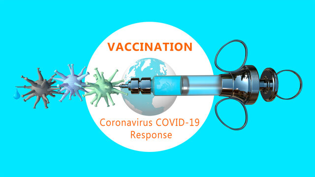 Vaccine concept. Coronavirus particles impale by a medical needle