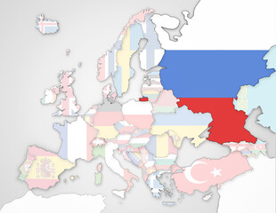 3D Europakarte auf der Russland hervorgehoben wird und die restlichen Flaggen transparent sind  (inkl. Kaukasus)