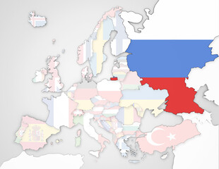 3D Europakarte auf der Russland hervorgehoben wird und die restlichen Flaggen transparent sind