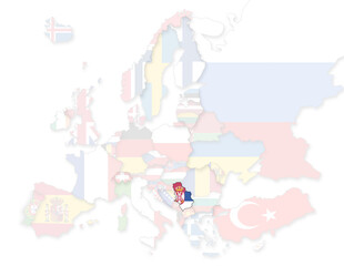 3D Europakarte auf der Serbien hervorgehoben wird und die restlichen Flaggen transparent sind