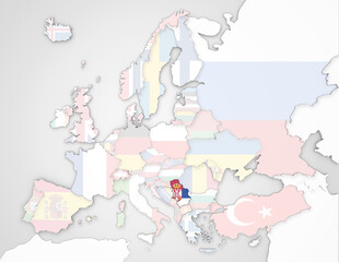 3D Europakarte auf der Serbien hervorgehoben wird und die restlichen Flaggen transparent sind