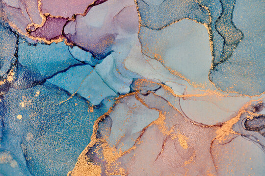 Natural luxury abstract fluid art painting in alcohol ink technique. Tender and dreamy wallpaper. Mixture of colors creating transparent waves and golden swirls. For posters, other printed materials © Djero Adlibeshe